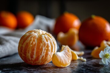 Aufkleber - Fresh peeled tangerine with segments and whole fruit in the background on a dark stone surface