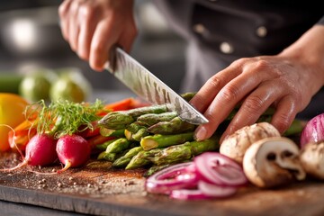 Poster - Hands skillfully chopping fresh vegetables on a wooden cutting board in a modern kitchen environment