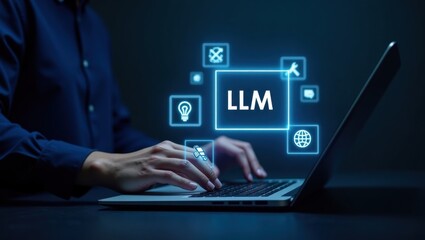 Person using a laptop with a holographic display of an acronym.