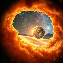 a globe emerges from a crater surrounded by bright orange sand, creating a stunning color contrast.