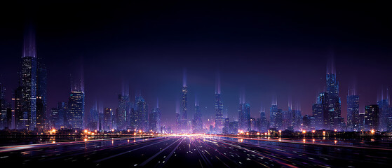 Poster - Digital artwork showcasing a futuristic metropolis skyline adorned with holographic advertisements.