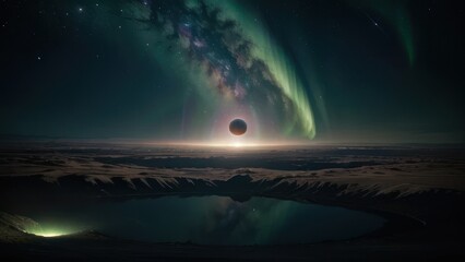 Wall Mural - Distant planet landscape with a vibrant aurora borealis.