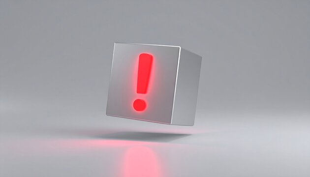 A metallic cube floats slightly above a reflective surface, displaying a bright red exclamation mark on its face