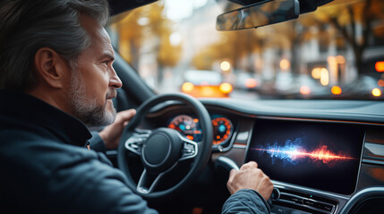 Poster - A driver engages with an advanced voice control system in a sleek car during sunset. The urban backdrop features blurred city lights, highlighting the vehicle's sophisticated technology and design.