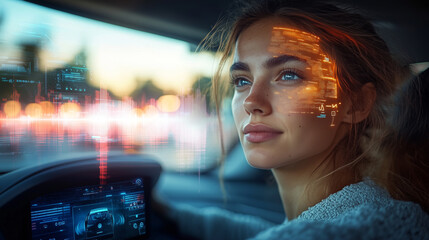 Leinwandbilder - A woman sits in a vehicle, engaging with an advanced voice control system while the sun sets. Digital graphics display sound waves and data, integrating human interaction with technology.