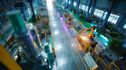 Poster - Futuristic factory scene featuring AI-driven robots at work in a high-tech environment.