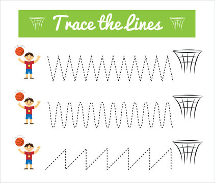 Trace the Lines Game for Children Boy and Basket Ball. Educational material for a preschooler child