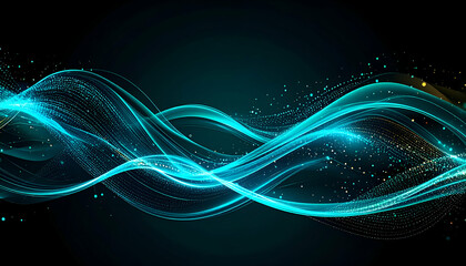 Fototapete - Abstract Teal Wave Energy Binary Code Particle Flow, Liquid Vector Transition