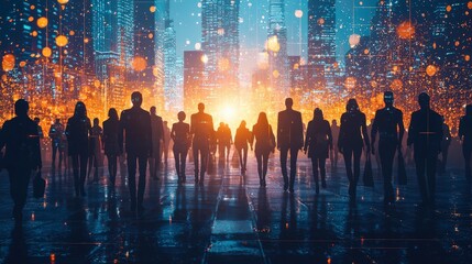 Group of multinational people and technology transformation in futuristic technology landscape at twiligh