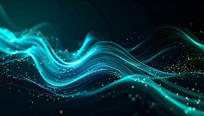 Fototapete - Abstract Teal Data Stream Binary Code Particles Morphing in Liquid Vector Transitions
