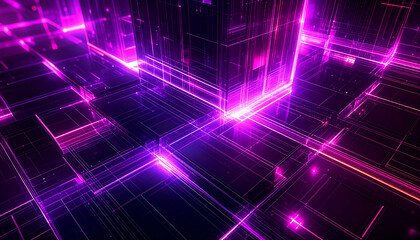 Poster - Neon Purple Wireframe Quantum Computing Visualization Abstract Fractal Cityscape