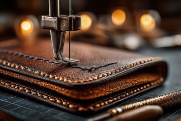 Poster - Close-up of a sewing machine stitching a brown leather wallet, showcasing craftsmanship and vintage aesthetics with blurred background lights and textures.