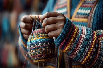 Poster - A close-up shot showcases the intricate process of knitting a vibrant, patterned ball of yarn, emphasizing the craftsmanship, skill, and warmth of handmade textiles.
