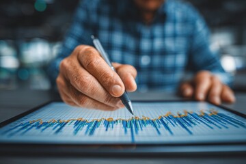Poster - an executive reviews financial data on a tablet, utilizing a stylus to analyze a stock market chart,