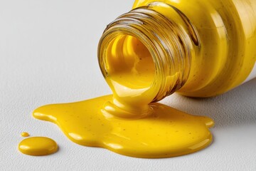 Poster - A close-up shot of bright yellow paint, slowly spilling out of a glass bottle, creating a small pool of color on a clean, white surface, showcasing texture and flow.