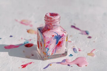Poster - Colorful nail polish artfully splattered on a textured white surface, showcasing vibrant hues and a creative, abstract design around a clear glass bottle.