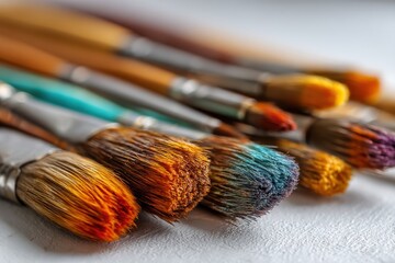 Poster - Close up of artist paintbrushes with colorful paint on a white textured background, arranged in a row, perfect for artistic design or creative educational projects.