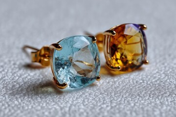 Poster - Elegant gold earrings featuring a faceted, light blue topaz gemstone, alongside a radiant, yellow citrine stone, reflecting soft light on a textured surface.