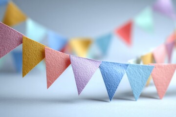 Poster - Colorful felt triangular bunting hanging on a string, party decoration concept, soft pastel colors create a festive and cheerful atmosphere for celebration.