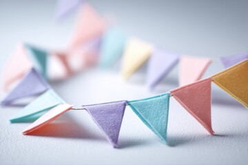 Poster - Close up of pastel colored triangular flags strung on string, creating a festive and decorative garland for celebrations and events, party decor for children.
