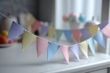 Poster - Pastel felt pennant banner strung on a string, hanging indoors, a decorative element ideal for party or celebration adding a soft and festive touch to any special event.