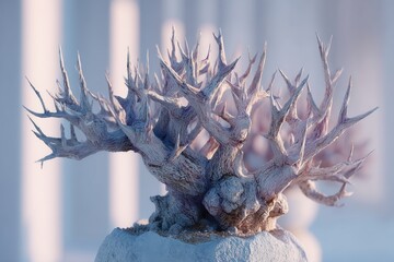 Poster - Close-up studio shot of a bare, stylized tree with intricate branches, against a blurred, light-filled backdrop emphasizing texture and minimalist aesthetics.