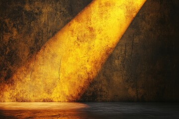 Wall Mural - a diagonal beam of warm, golden light illuminates a dark, textured concrete wall and floor, creating
