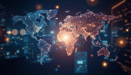 Poster - Illuminated world map over a blurred background of digital city lights and connections