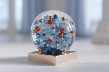  - A captivating glass sphere filled with translucent blue and copper-colored marbles, resting on a golden base, creating a mesmerizing display of light and color.