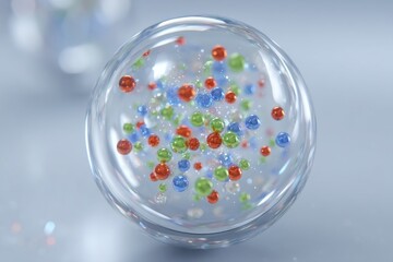 Poster - a mesmerizing macro photograph capturing a clear glass sphere filled with vibrant, colorful spheres 