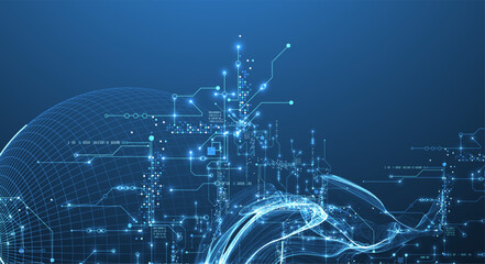 Poster - Abstract data wave with sphere and futuristic circuit lines. Technology concept. Vector