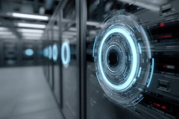 Poster - A futuristic server room with glowing circular interface elements, showcasing advanced technology and data processing infrastructure, creating a high-tech atmosphere.