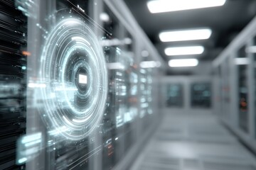 Poster - A futuristic server room showcasing advanced technology, highlighting a circular holographic interface with bright lights and data streams, representing the modern data center.