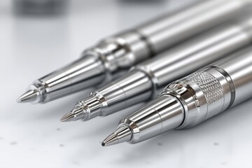 Poster - A close-up of three sleek silver metal pens arranged on a white surface, reflecting light, showcasing their refined design, perfect for office or stationery product.