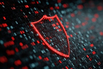 Poster - Abstract cybersecurity shield protecting data, digital binary code background, symbolizes data privacy, network security, technology background, protection of data flow.