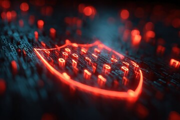 Poster - Cybersecurity shield symbol with binary code data stream, depicting the importance of data protection and digital safety with bright red outline and dynamic background.