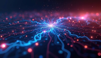 Fototapete - Abstract digital background with glowing blue and red lines. The scene features a network of interconnected light particles creating a vibrant, energetic atmosphere.
