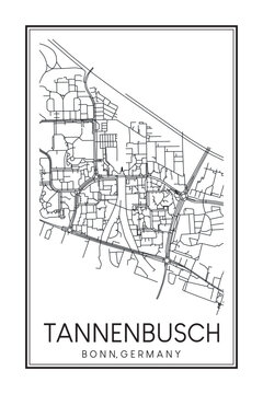 Hand drawn printable downtown road map poster of borough TANNENBUSCH of the German city of BONN on solid white background with city name