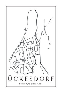 Hand drawn printable downtown road map poster of borough ÜCKESDORF of the German city of BONN on solid white background with city name