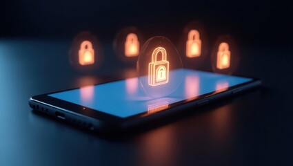 Mobile phone security concept with glowing lock icons.
