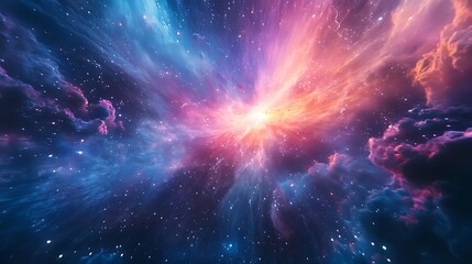 Poster - Cosmic nebula unfolds brilliantly with vibrant hues and scattered starlight for journey through starscapes capturing wonder and depth in celestial exploration concept.