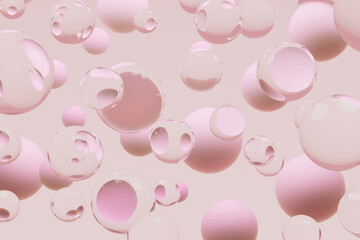 Fototapete - Ethereal pink bubbles abstract background. Surreal soft pink pattern with floating transparent and pink glossy spheres. 3D rendering. Fantasy caln serene abstract background in minimal, organic style.