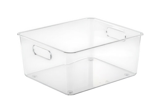 Clear plastic storage bin with handles isolated on transparent background