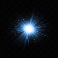 Wall Mural - shining blue star isolated on black background with glowing burst effect. bright explosion of light 