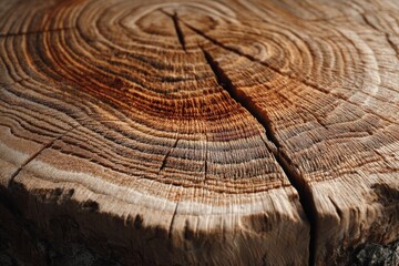 Aufkleber - Close-up shot of a tree stump showing its age rings and cracks, emphasizing its natural texture and pattern for a rustic, organic background, macro photography.
