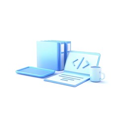 Minimalist 3d render of coding elements including laptop books tablet and coffee cup