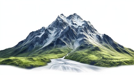 Poster - A majestic mountain with snow capped peaks and a river flowing through green valley landscape view