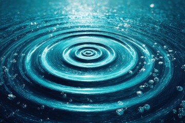 Poster - Vivid water ripples create circular patterns, shimmering with light, with small bubbles scattered across the blue surface, evoking tranquility and movement in a dynamic close-up.