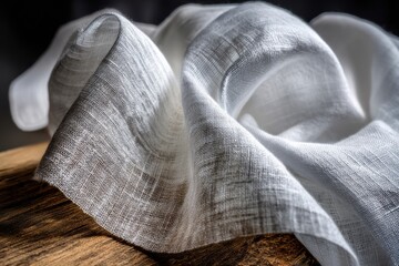 Poster - Elegant and smooth folds of white linen fabric resting gently on a rustic wooden surface, beautifully illuminated by soft, natural light creating subtle shadows.