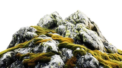 Poster - A low angle view of a rocky mountain covered in moss and grass against a white sky background